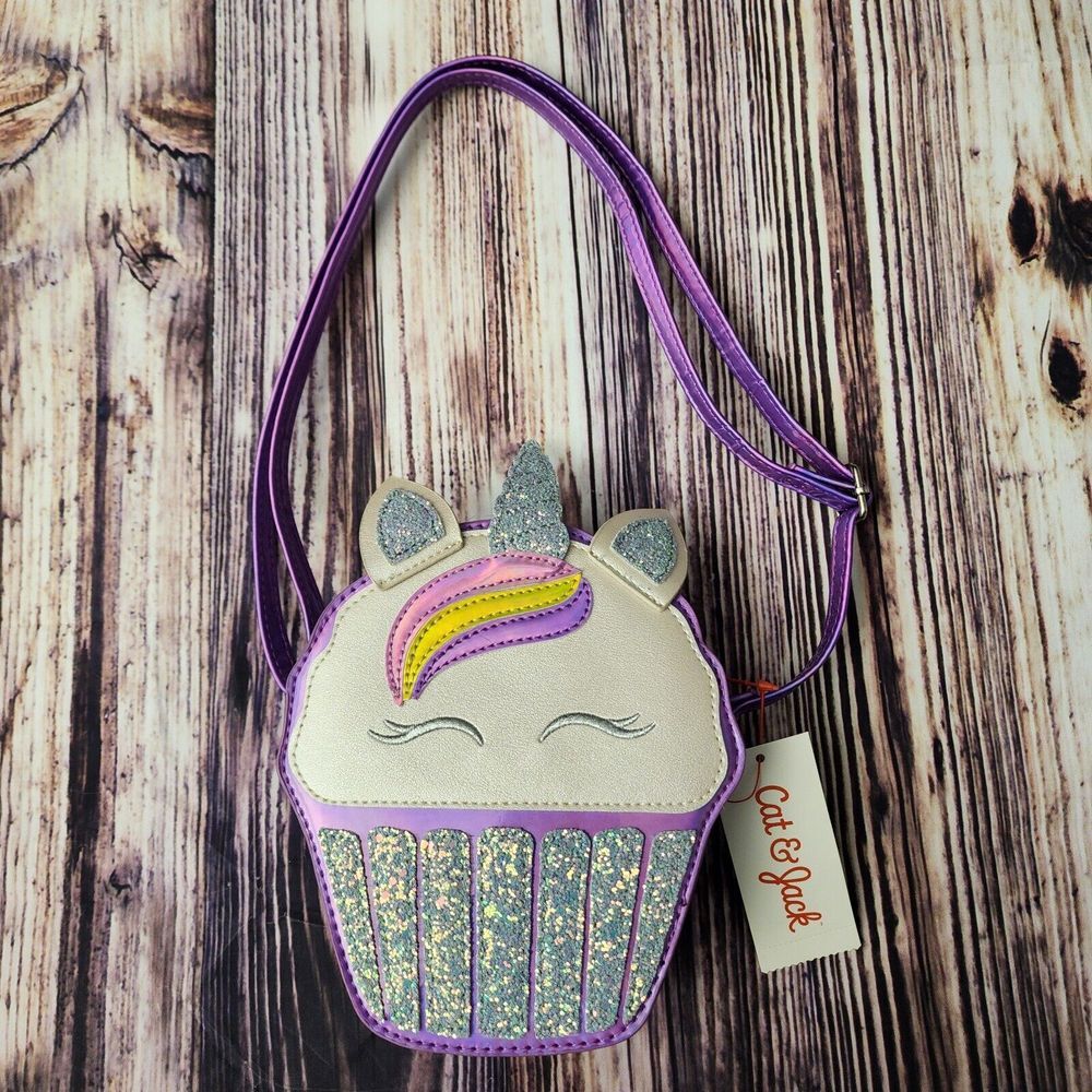 Cat & Jack Purple Unicorn colors Silver glitter Cupcake Crossbody Bag NEW NWT - Picture 2 of 7